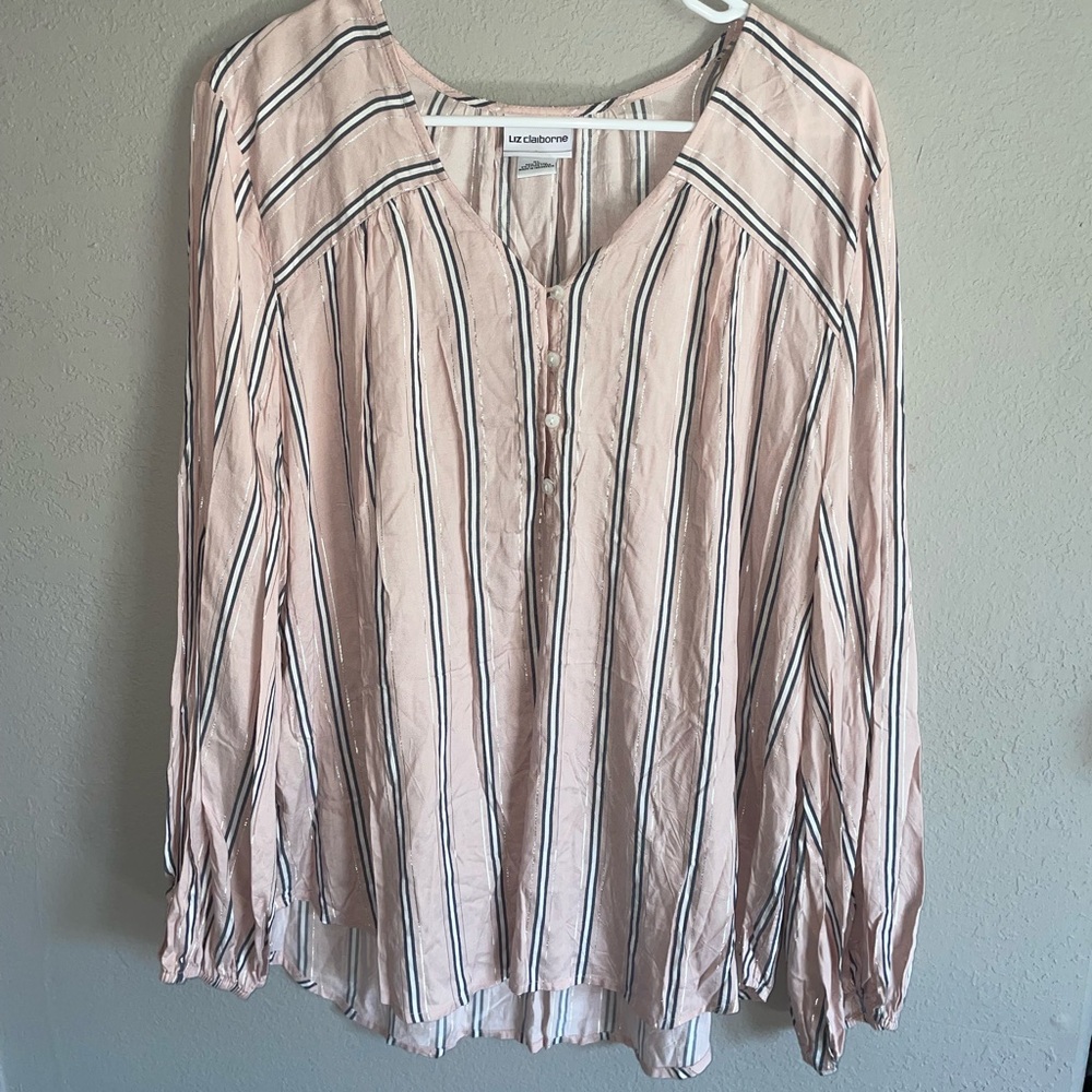 Liz Claiborne Pink striped shimmer long sleeve blouse XL